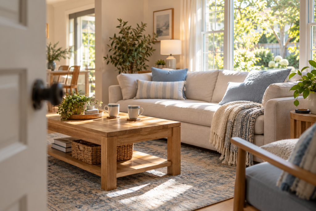 A sunlit living room with soft blue accents and natural wood furnishings